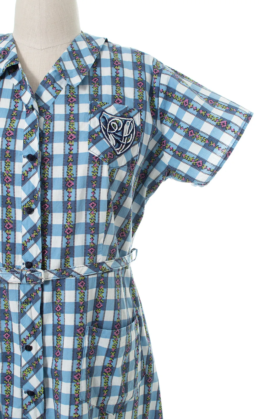 1940s Floral Gingham Shirtwaist Dress | x-large