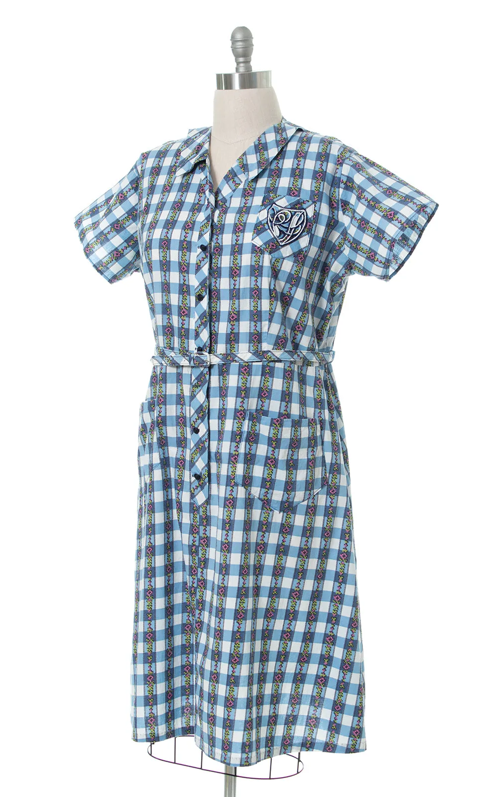 1940s Floral Gingham Shirtwaist Dress | x-large