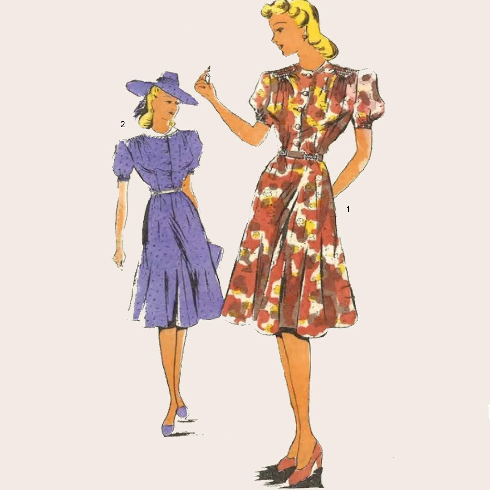 1940's French Pattern, Two Pretty Frocks, Tea Dress - Bust 34" (87cm)