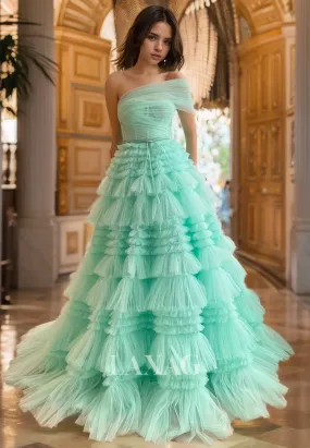 Asymmetrical-Neck Sleeveless Long Formal Gowns Sleeveless Pleated Tiered Tulle A-Line Prom Dress