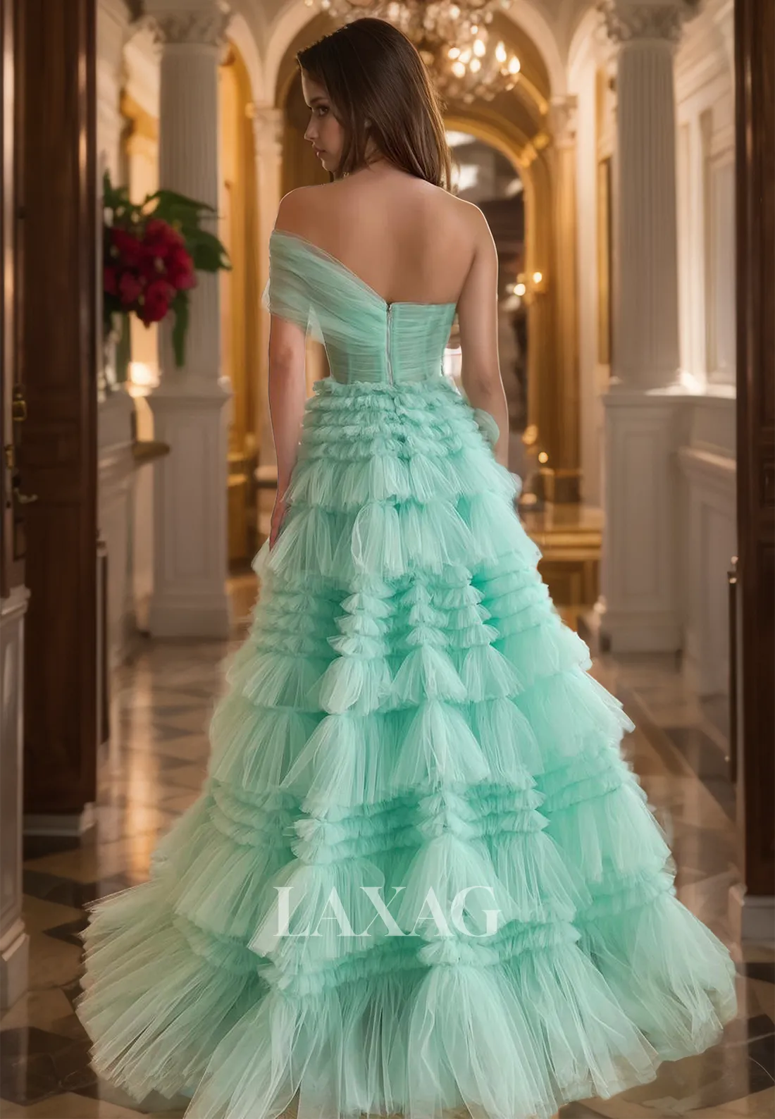 Asymmetrical-Neck Sleeveless Long Formal Gowns Sleeveless Pleated Tiered Tulle A-Line Prom Dress