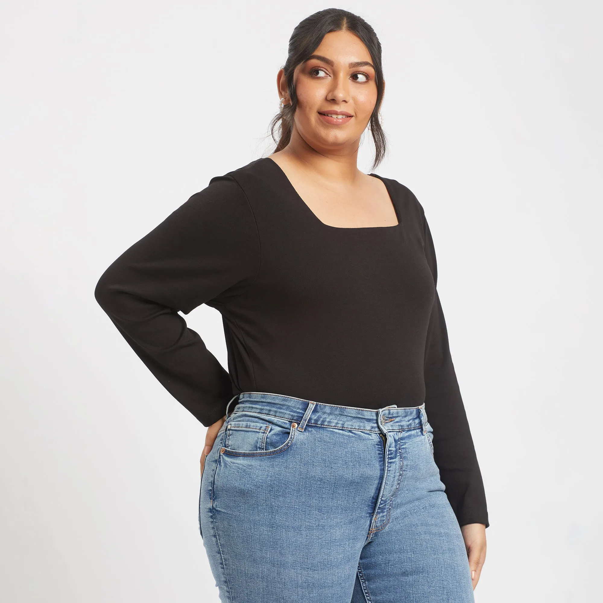 Black cotton rib plus size square neck top