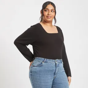 Black cotton rib plus size square neck top