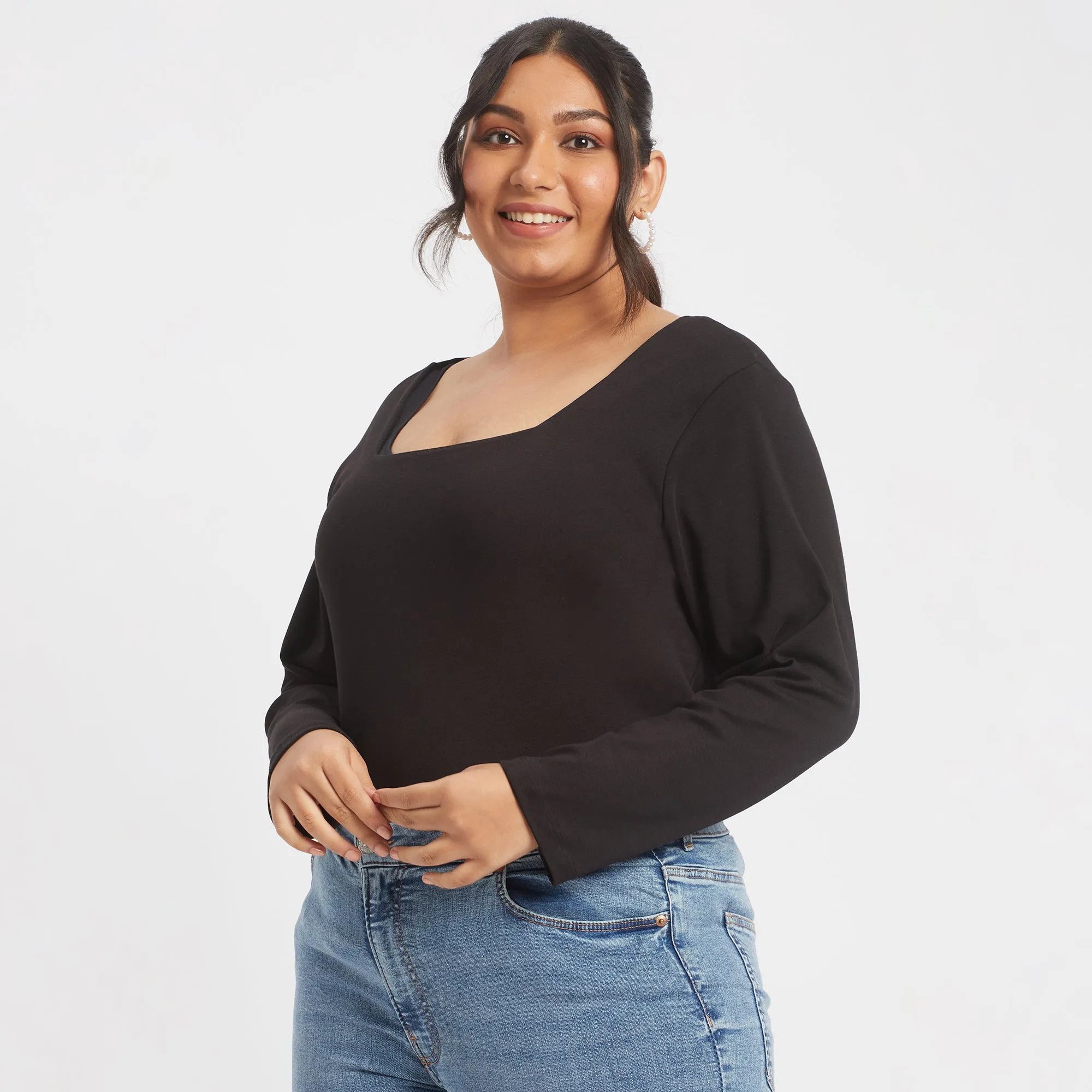 Black cotton rib plus size square neck top