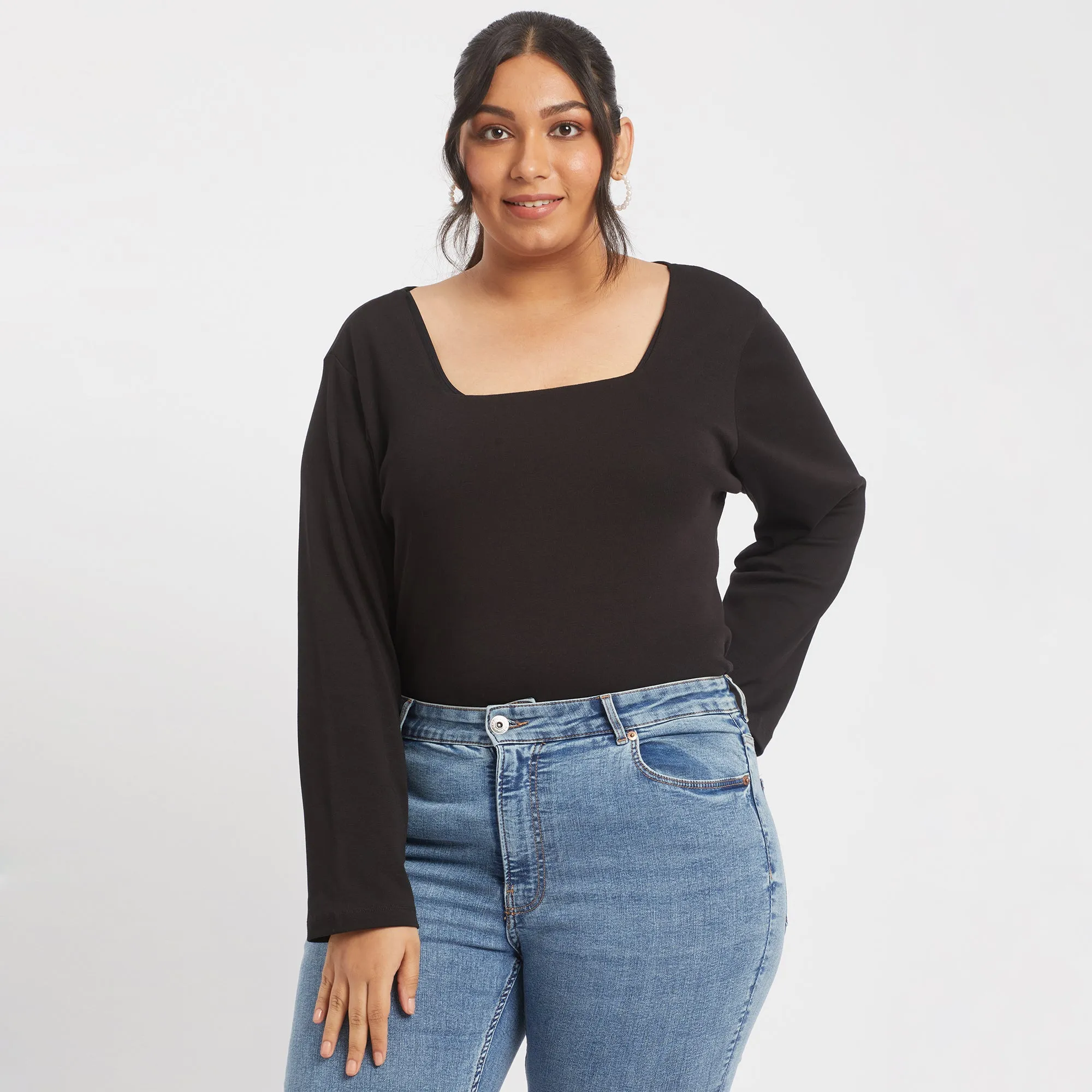 Black cotton rib plus size square neck top
