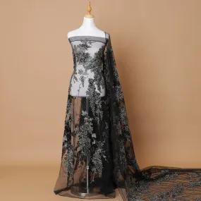 Black Premium wedding nylon tulle fabric with same tone, olive green embroidery having pearls and beads in floral design-D7922