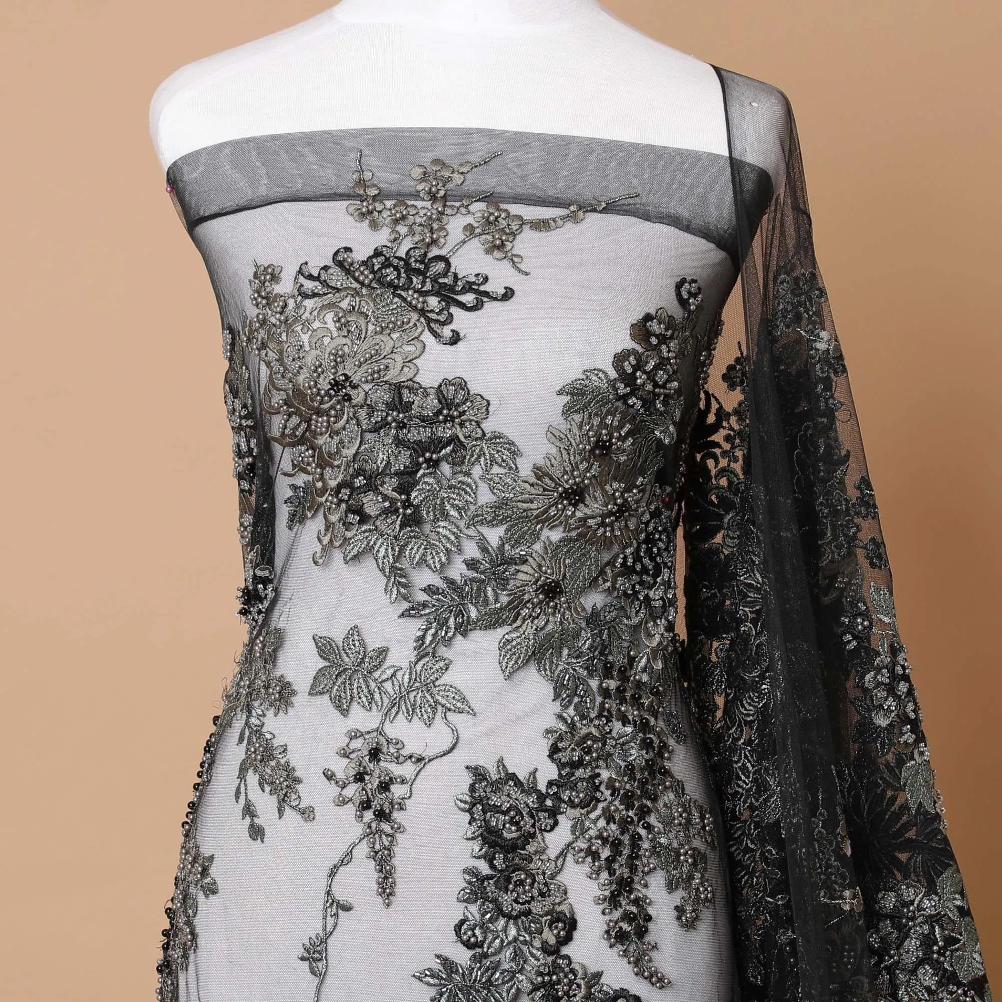 Black Premium wedding nylon tulle fabric with same tone, olive green embroidery having pearls and beads in floral design-D7922