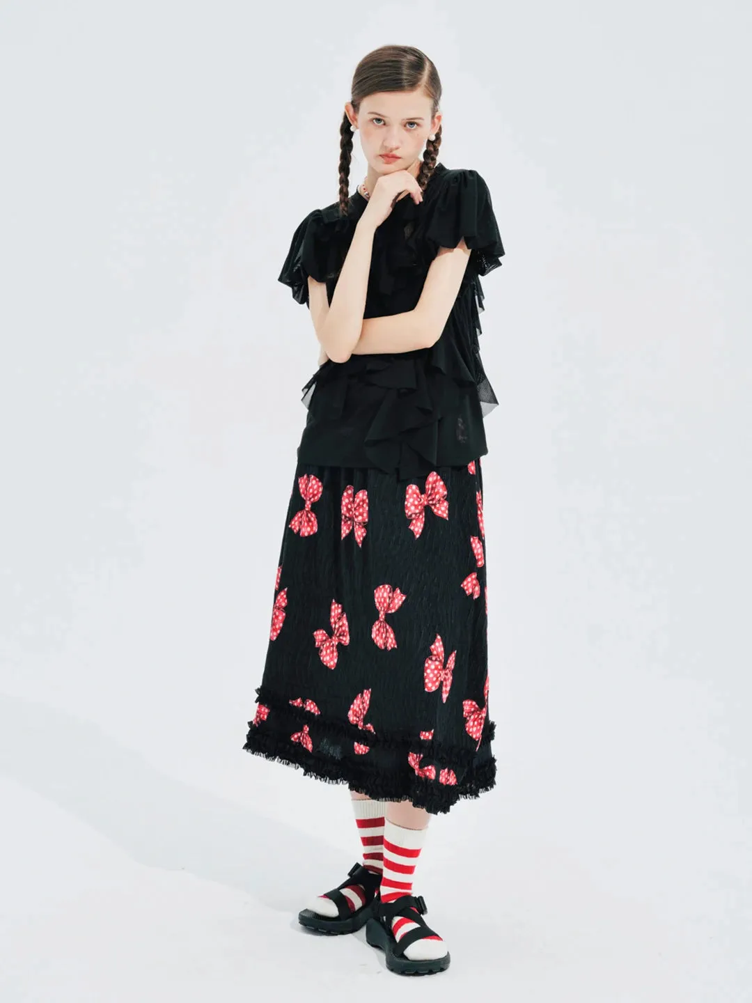 Black Short-Sleeved Sheer Mesh Ruffle Top
