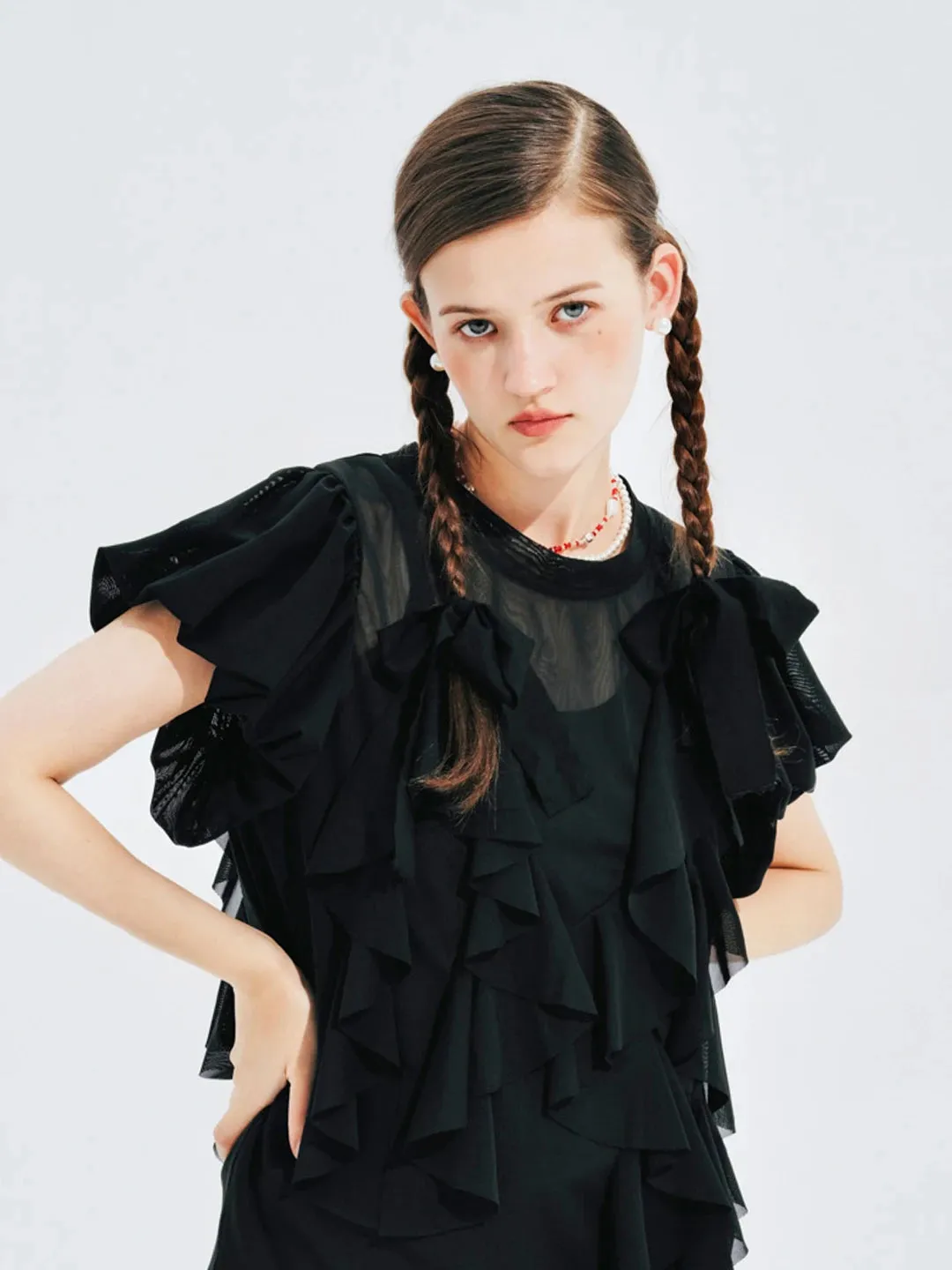 Black Short-Sleeved Sheer Mesh Ruffle Top