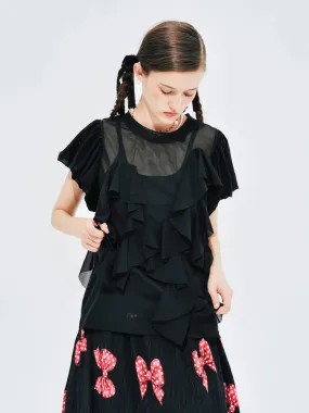 Black Short-Sleeved Sheer Mesh Ruffle Top