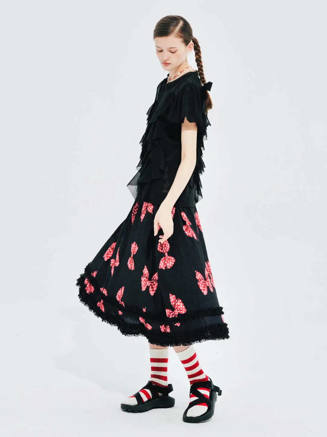 Black Short-Sleeved Sheer Mesh Ruffle Top