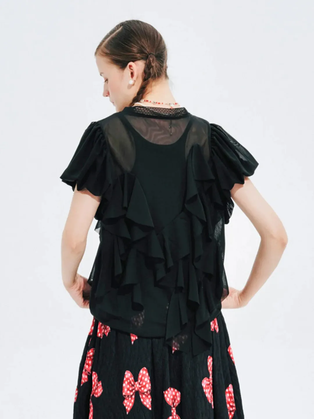 Black Short-Sleeved Sheer Mesh Ruffle Top