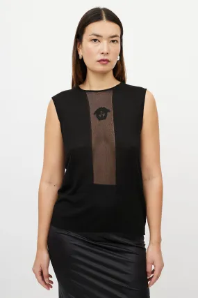 Black Sleeveless Sheer Panel Medusa Logo Tank Top