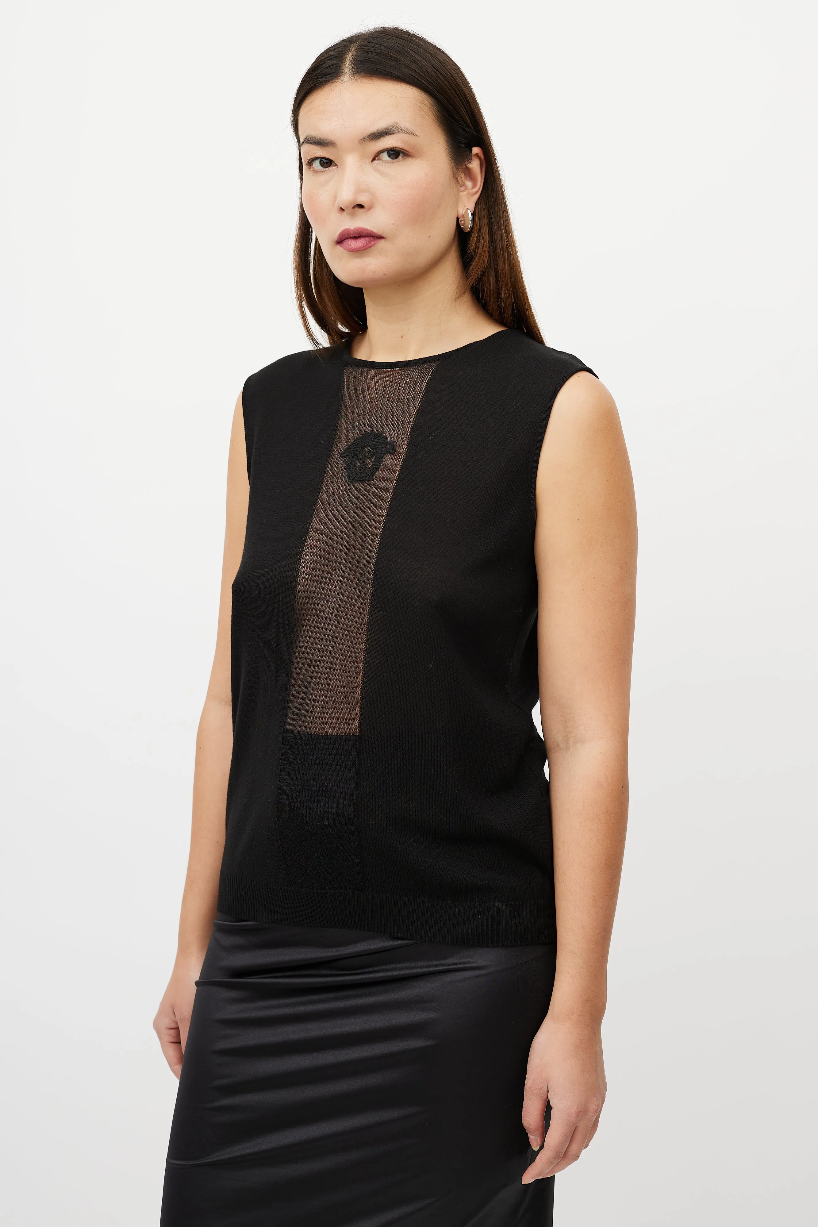 Black Sleeveless Sheer Panel Medusa Logo Tank Top