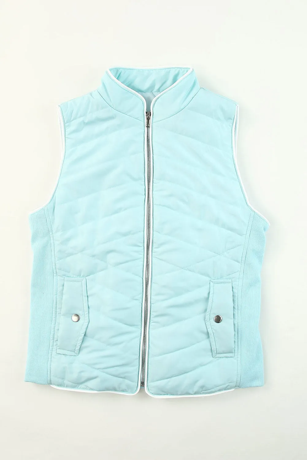 Blue Zip-Up Side Pockets Puffer Jacket Vest