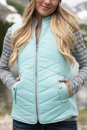 Blue Zip-Up Side Pockets Puffer Jacket Vest