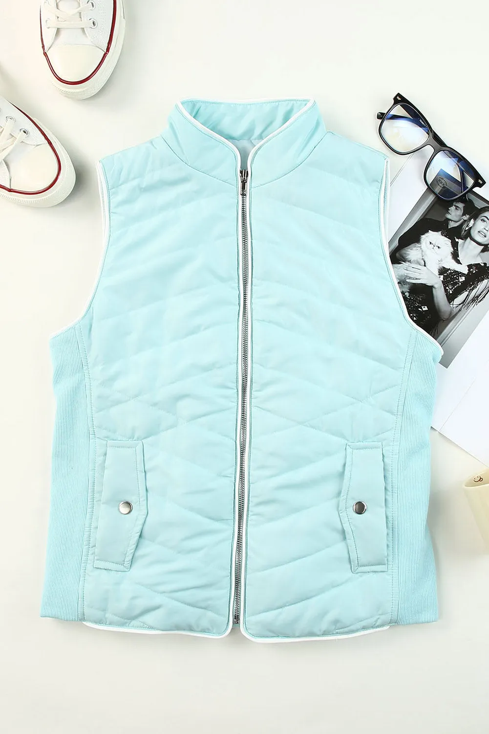 Blue Zip-Up Side Pockets Puffer Jacket Vest