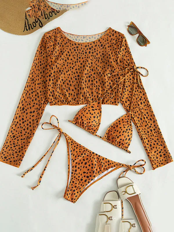 Blue Zone Planet |  New swimwear long-sleeved mesh jacket ladies three-piece swimsuit leopard print sexy bikini