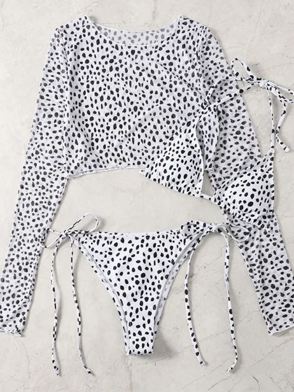 Blue Zone Planet |  New swimwear long-sleeved mesh jacket ladies three-piece swimsuit leopard print sexy bikini