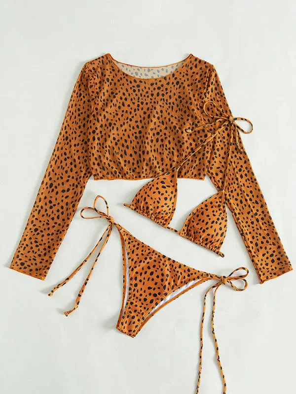 Blue Zone Planet |  New swimwear long-sleeved mesh jacket ladies three-piece swimsuit leopard print sexy bikini