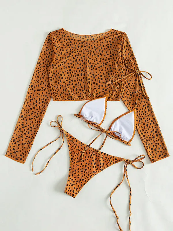 Blue Zone Planet |  New swimwear long-sleeved mesh jacket ladies three-piece swimsuit leopard print sexy bikini