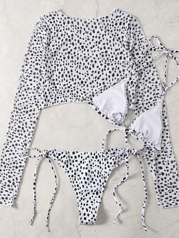 Blue Zone Planet |  New swimwear long-sleeved mesh jacket ladies three-piece swimsuit leopard print sexy bikini