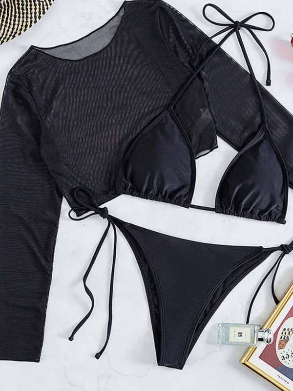 Blue Zone Planet |  New swimwear long-sleeved mesh jacket ladies three-piece swimsuit leopard print sexy bikini