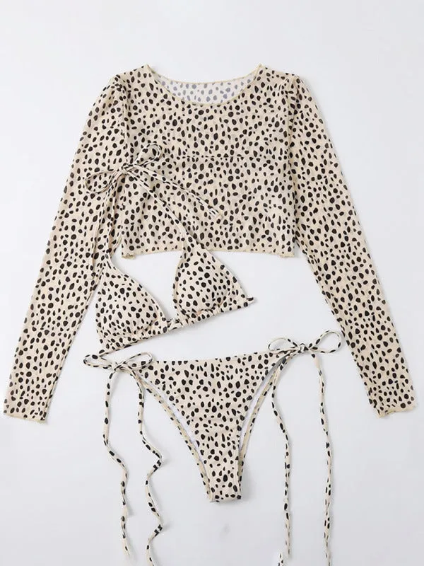 Blue Zone Planet |  New swimwear long-sleeved mesh jacket ladies three-piece swimsuit leopard print sexy bikini