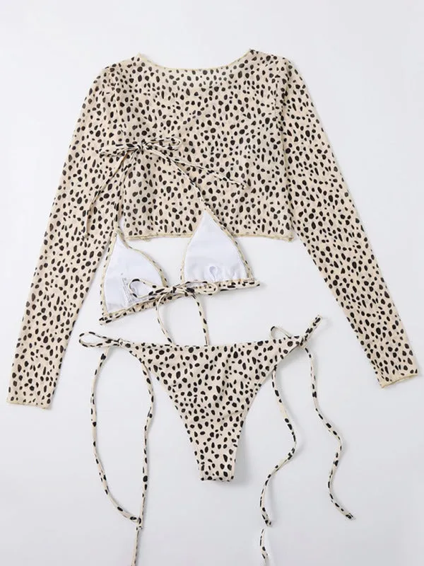 Blue Zone Planet |  New swimwear long-sleeved mesh jacket ladies three-piece swimsuit leopard print sexy bikini
