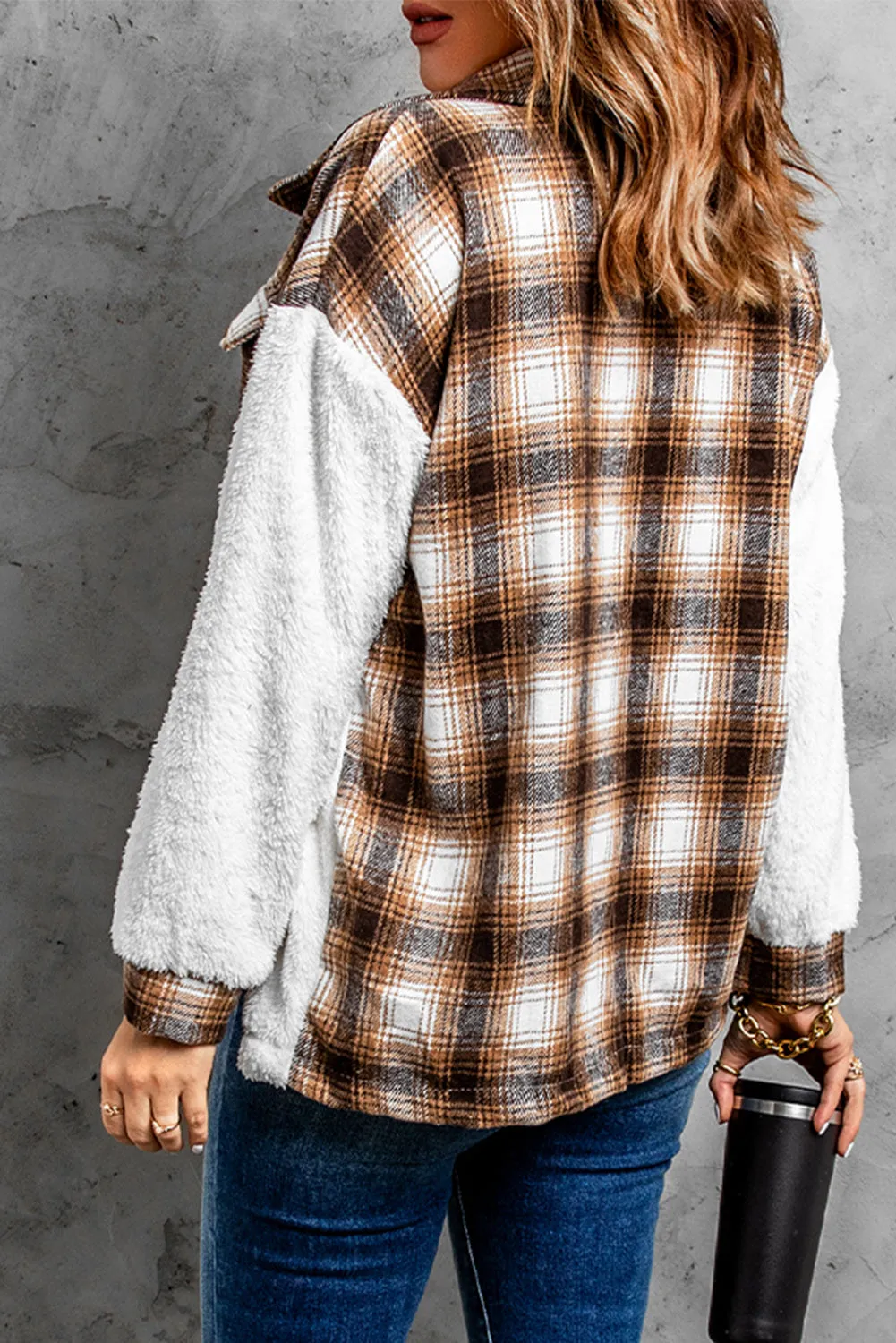 Brown Plaid Patchwork Buttoned Pocketed Jacket