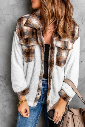 Brown Plaid Patchwork Buttoned Pocketed Jacket