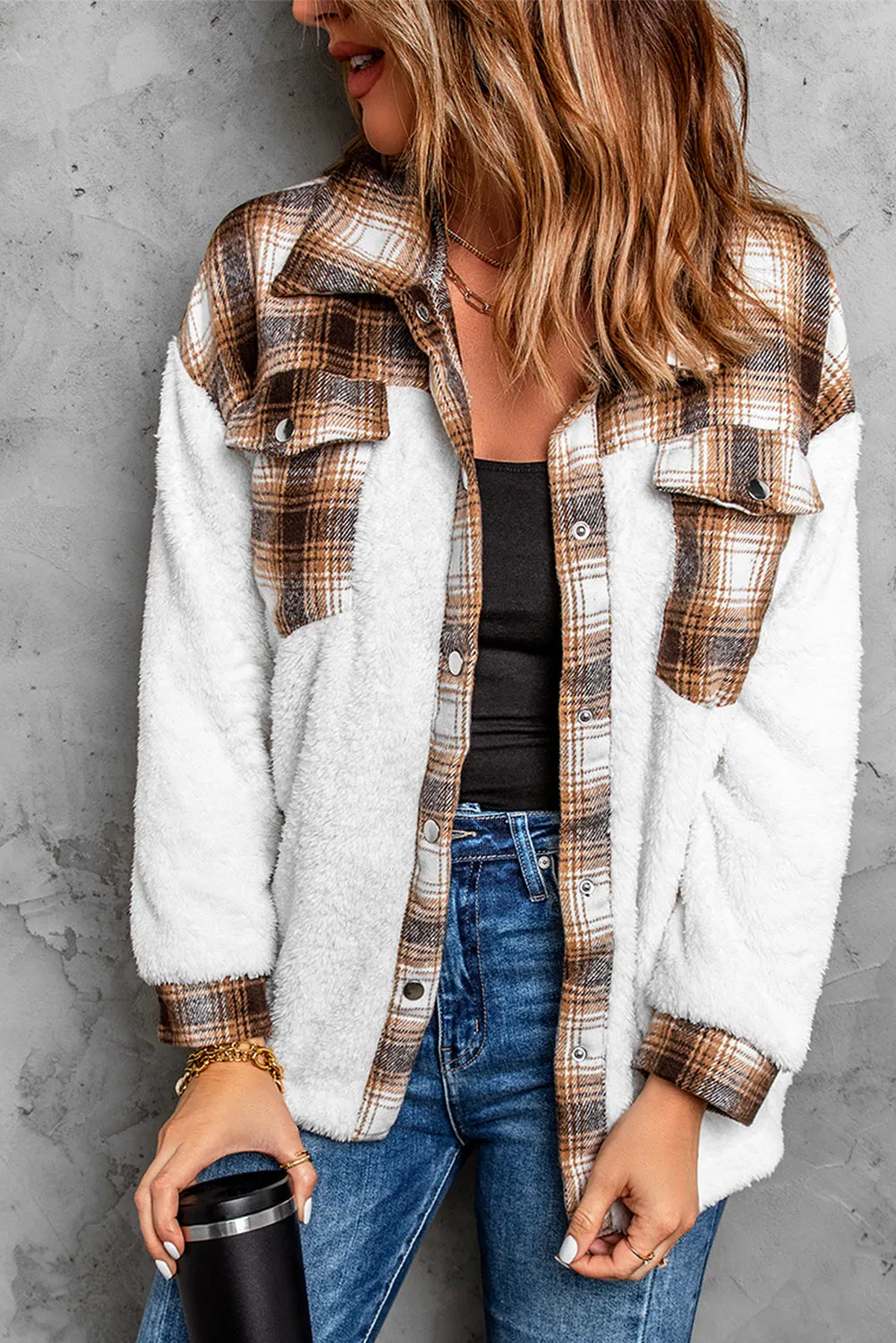 Brown Plaid Patchwork Buttoned Pocketed Jacket