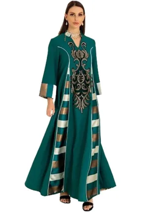Casual Floral Embroidery Patchwork Long Dresses Contrast Color Kaftan Women Ramadan Abayas   B57717