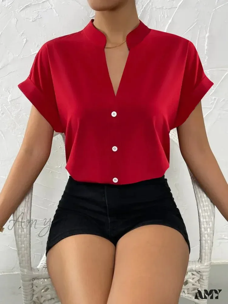 Casual Solid Office Lady Short Sleeve Slim White Blouse