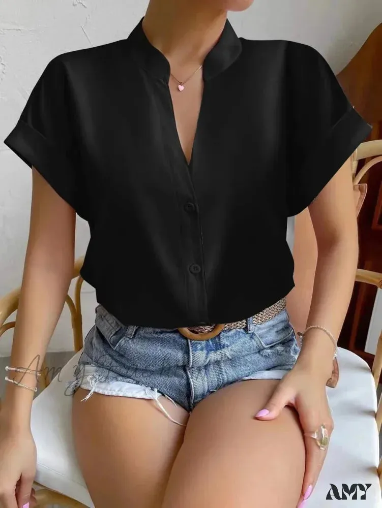 Casual Solid Office Lady Short Sleeve Slim White Blouse