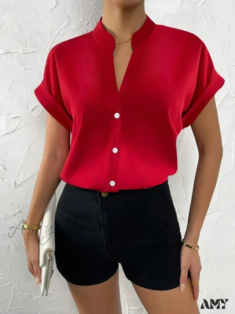 Casual Solid Office Lady Short Sleeve Slim White Blouse