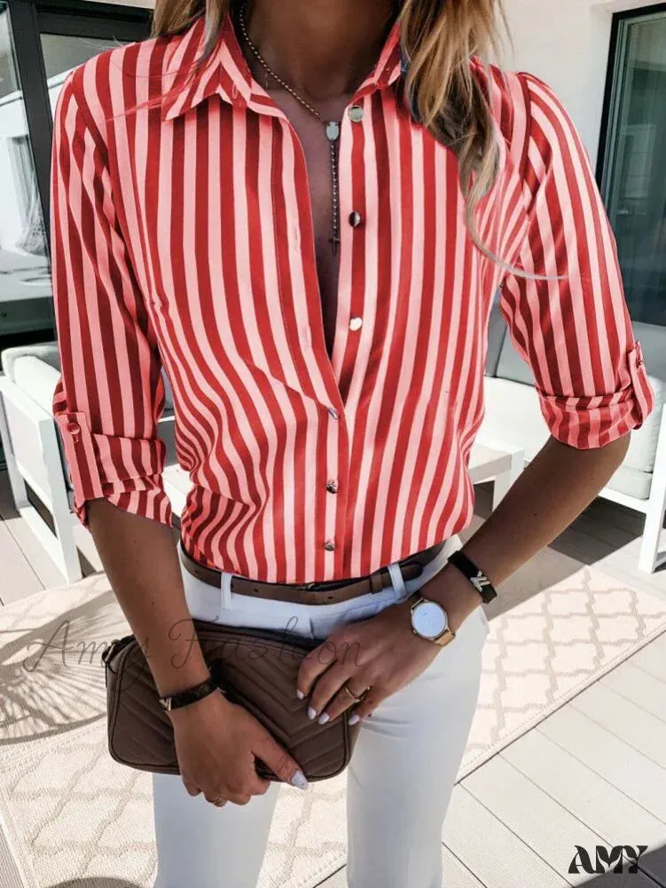 Casual Striped Vintage Elegant Youth Button Up Blouse