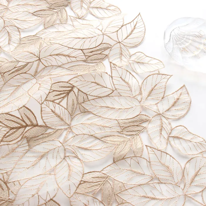 Champagne Embroidered Leaf Tulle Fabric