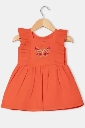 Chittythalli Round Neck Knee-Length Frock with Ruffle Detailing and Hand Embroidery - Orange  - FR34