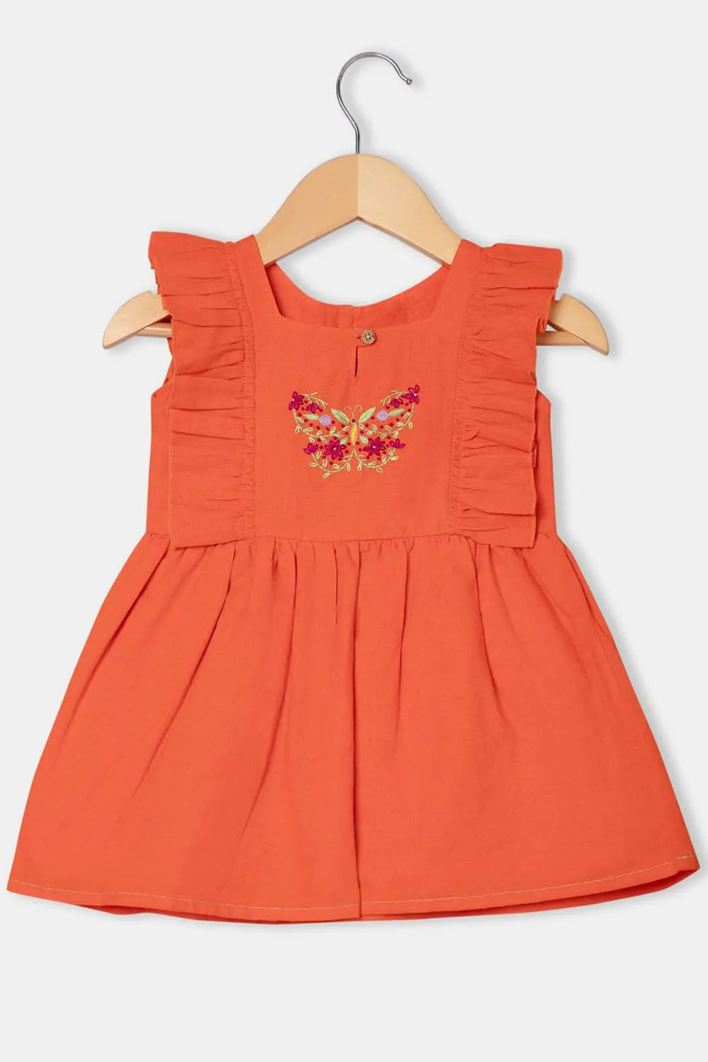 Chittythalli Round Neck Knee-Length Frock with Ruffle Detailing and Hand Embroidery - Orange  - FR34