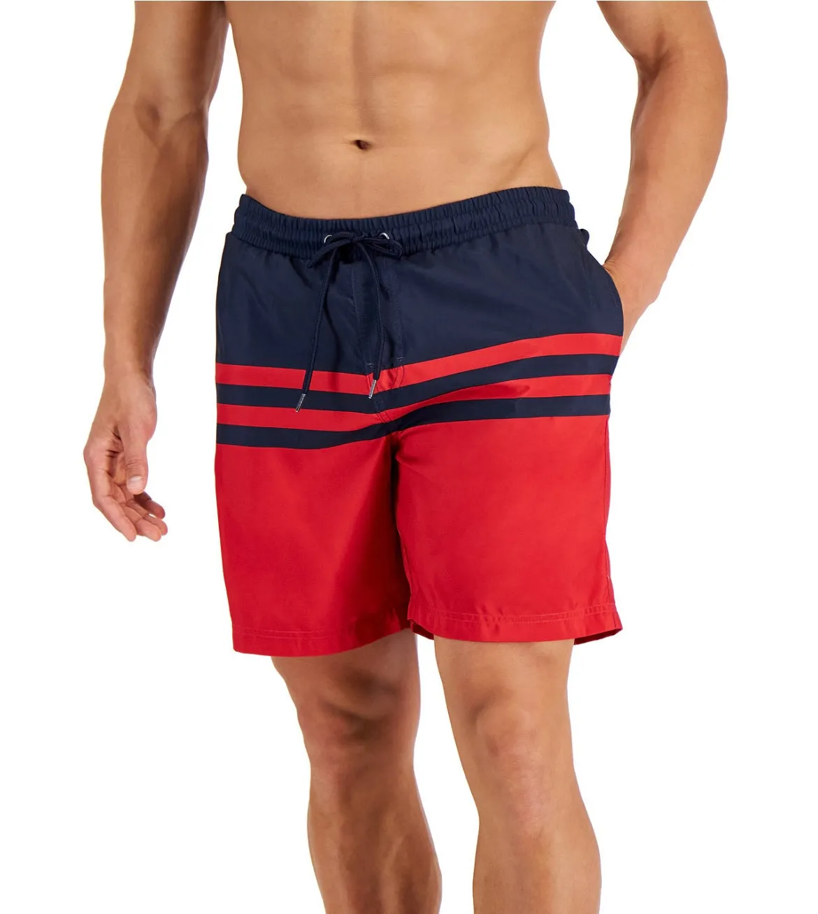 Club Room Men's Quick-Dry Performance Colorblocked Stripe 7" Swim Trunks Size L