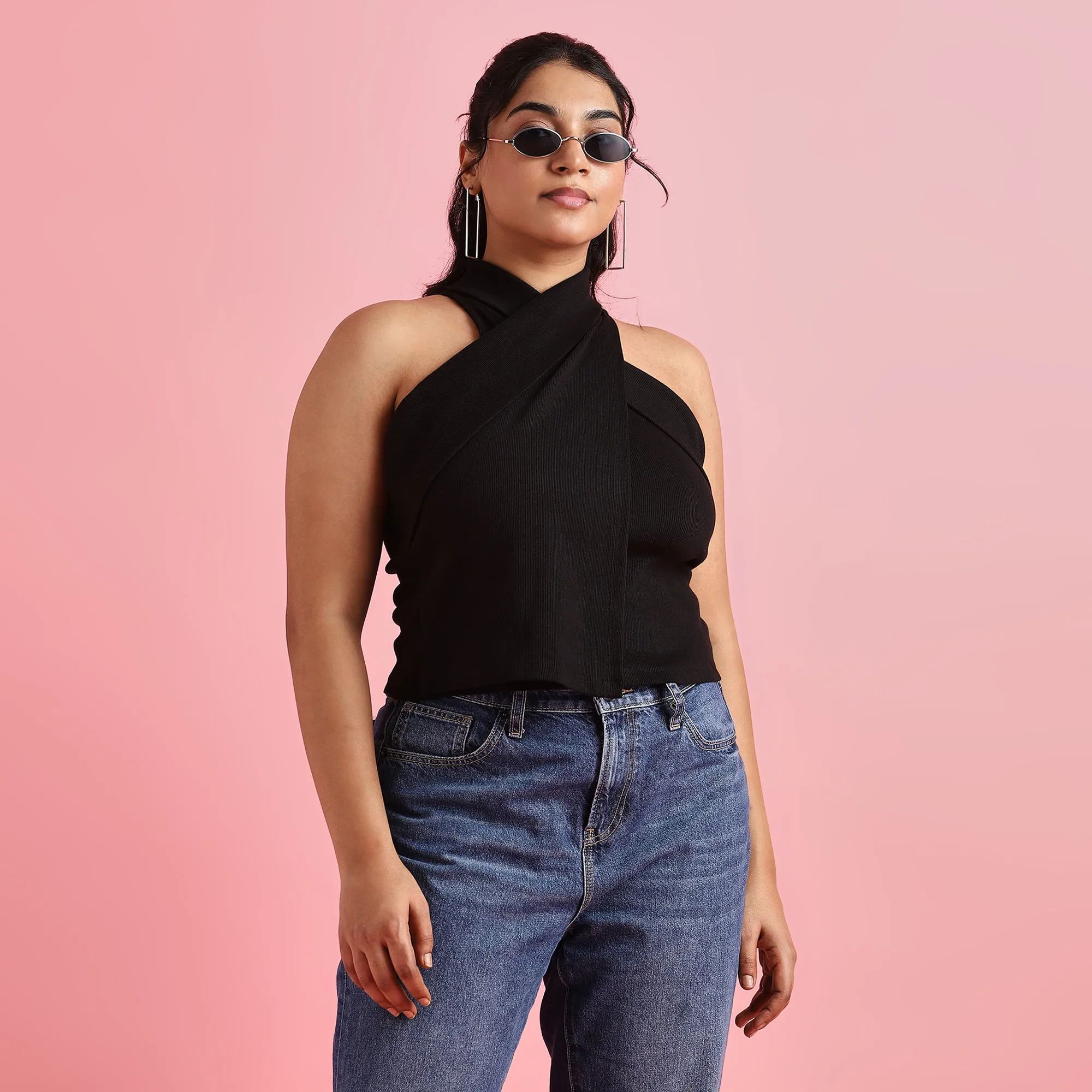 Crisscross Rib Plus Size Halter Neck Top
