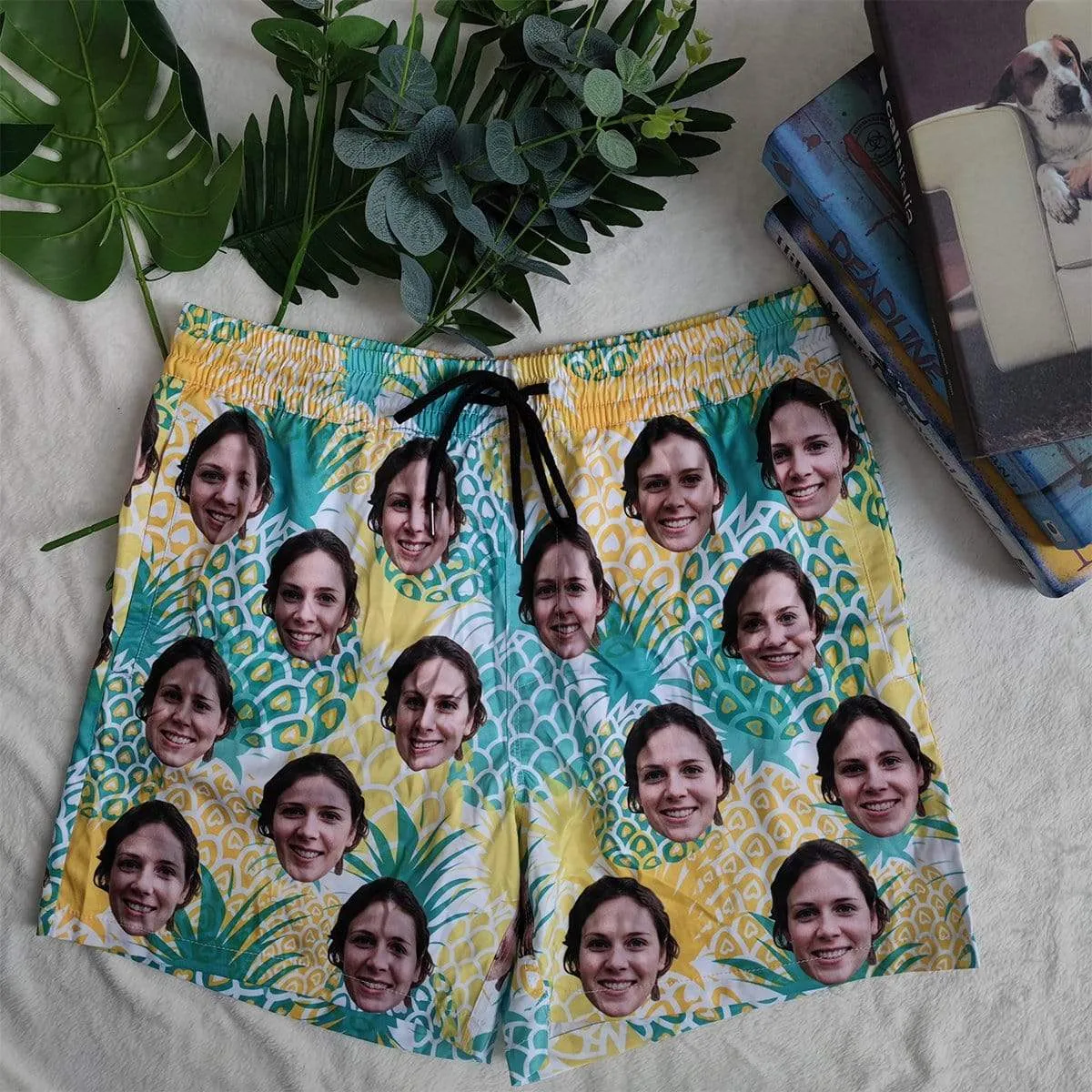 Custom Face Drawstring Swim Trunks Personalized Face Pineapple Men's Quick Dry Swim Shorts