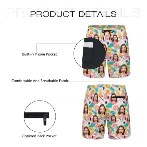 Custom Face Flowers Fruit Men's Quick Dry 2 in 1 Surfing & Beach Shorts Male Gym Fitness Shorts