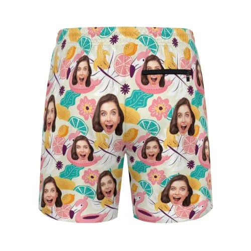 Custom Face Flowers Fruit Men's Quick Dry 2 in 1 Surfing & Beach Shorts Male Gym Fitness Shorts