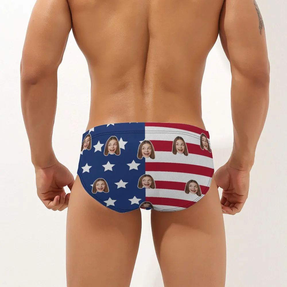 Custom Face Men's Swimming Trunks Personalised America Flag Triangle Swim Briefs