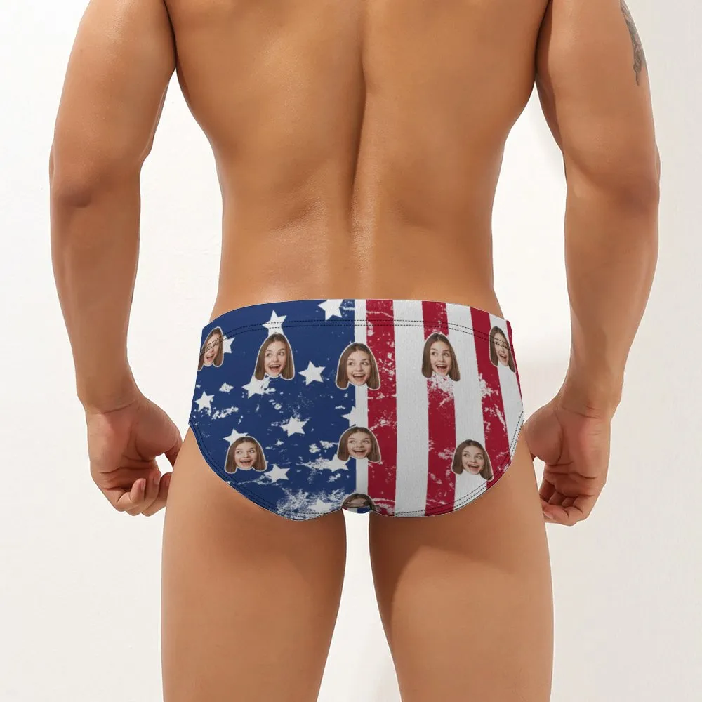 Custom Face Men's Swimming Trunks Personalised American Flag Pattern Triangle Swim Briefs
