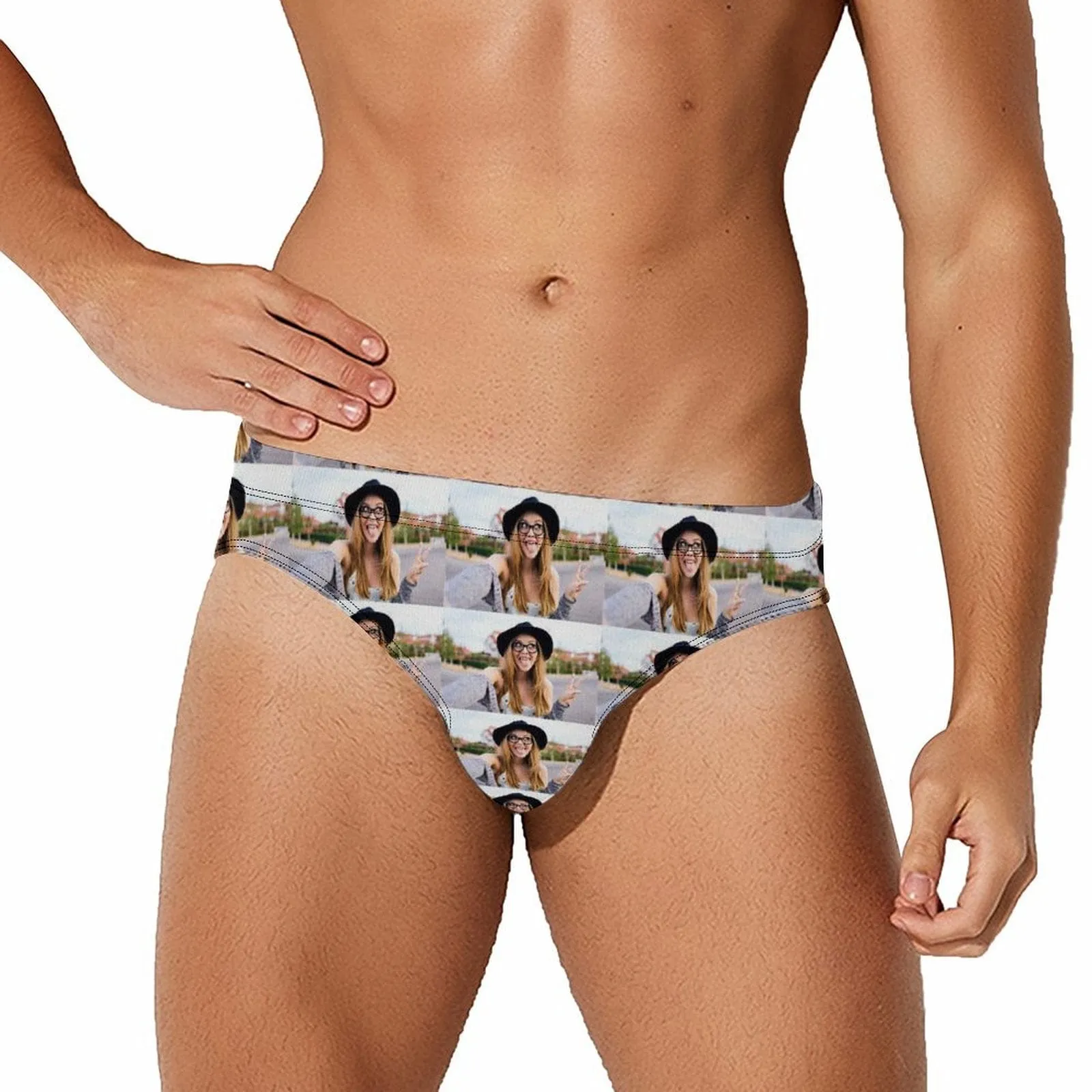 Custom Photo Triangle Swim Briefs Design Stitching Men's Swim Shorts with Personalized Girlfriend's Pictures