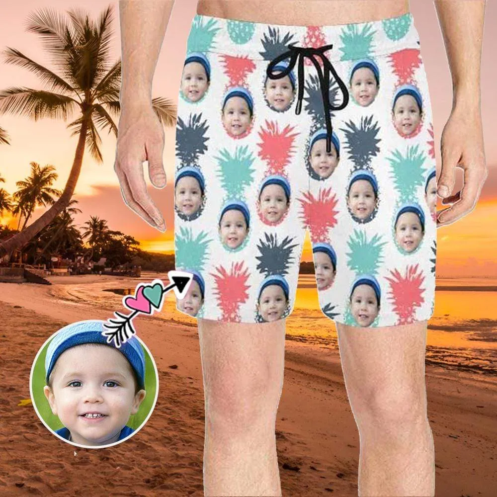 Customized Swim Trunks with Face Personalized Colorful Pineapple Men's Quick Dry Swim Shorts for Holiday