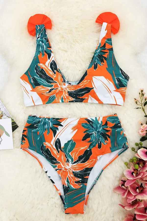 Dahlia Print Tropical High Waisted Bikini